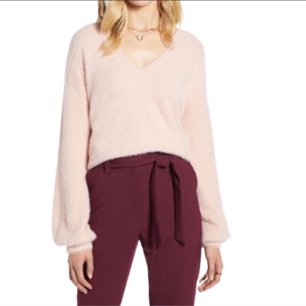 Halogen Sweater Teddy Bear Fuzzy Cozy Knit Softgirl Pink Balloon Sleeve V-Neck